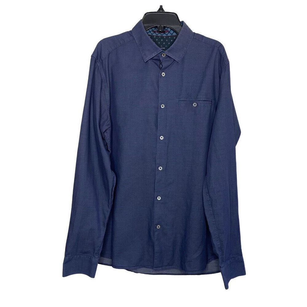 TED BAKER Button-Down Shirt Mens 4 Large L Blue Contrast Cuffs Blue Chambray